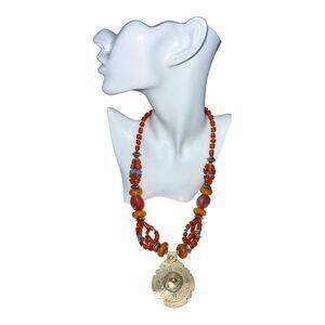 Handmade Exotic Vintage  Rustic Metal Silver Pleated Medallion Necklace.